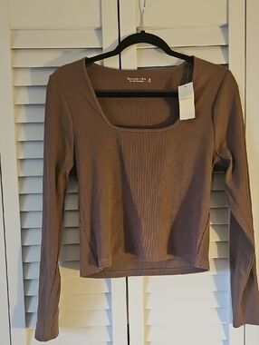 Abercrombie & Fitch Brown Ribbed Long Sleeve Scoop Neck Top